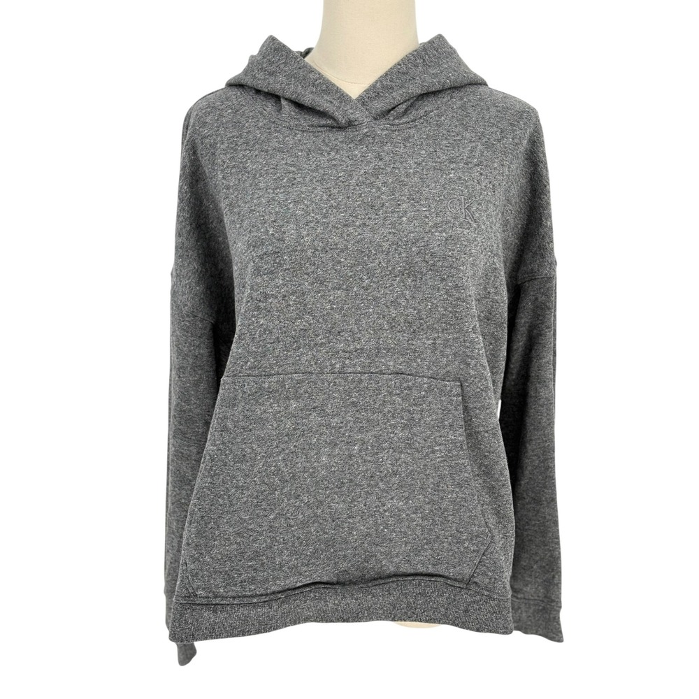 Calvin Klein Hoodie Heather Gray Fleece Logo Pullover Sweatshirt Large